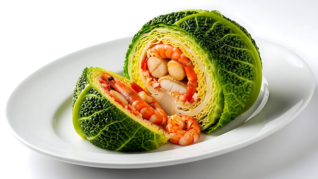 Haute cuisine. Spanish col rellena de mariscos (cabbage stuffed with seafood), a whole savoy cabbage filled with prawns, scallops, and monkfish in a saffron sauce 