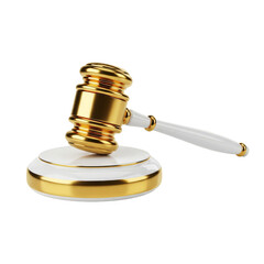 A gold and white judge gavel on a sound block against a plain white/Transparent background for legal or judicial concepts