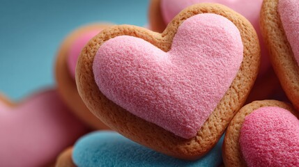 Obraz premium Close up of a pile of heart-shaped cookies with pink icing, conveying feelings of love, joy, and sweetness
