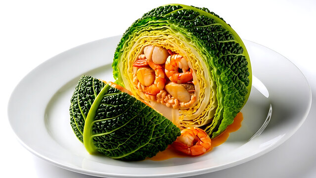 Haute cuisine. Spanish col rellena de mariscos (cabbage stuffed with seafood), a whole savoy cabbage filled with prawns, scallops, and monkfish in a saffron sauce 