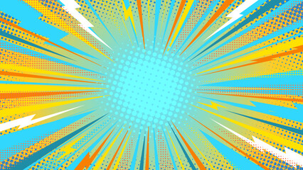 Comic Pop Art Explosion Background with Halftone Dots and Bright Colorful Lightning Rays. Dynamic Retro Burst Banner Poster Template for Advertising. Powerful Vibrant Manga Bg. Vector Illustration