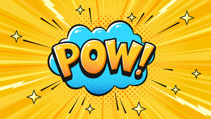 Pow Pop Art Comic Explosion Background Cloud Speech Bubble with Manga Speed Rays, Star Sparkles, Thunderbolts on Bright Yellow Halftone Burst Bg for Fun Retro Design. Vector Illustration