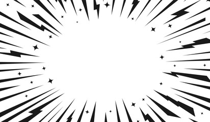 Speed Lines Explosion Comic Frame. Lightning Bolts, Rays Stars and Sparkles Border. Black and White Dynamic Energy Burst Manga Background with Copy Space for Text, Action Design. Vector Illustration