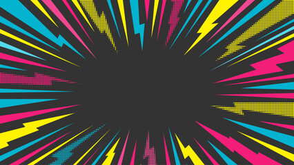Comic Lightning Burst Frame with Neon Rays and Halftone Dots on Dark Background. Retro Pop Art Border with Copy Space for Posters, Banners, Ads. Manga Expression Speed Lines. Vector Illustration