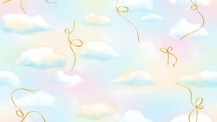 whimsical pastel clouds with ribbons floating.