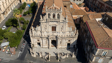 Aerial closeup of the facade of the Collegiate Basilica of San Sebastiano in Acireale. It is a...