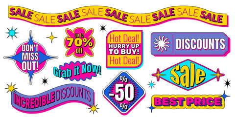 Sale sticker set in y2k retro style - colorful badges with hot deal, discount labels and percentage tags. Vintage vector patches for promotional designs or shopping campaigns in vibrant neon colors.