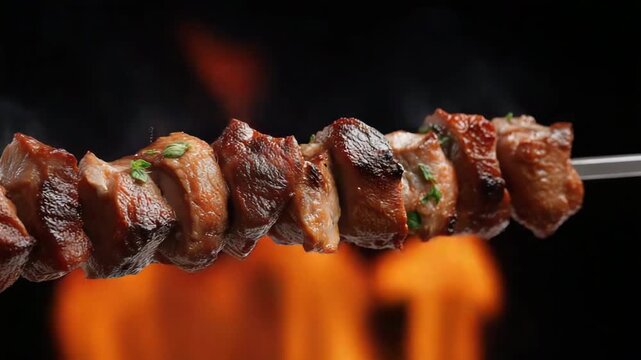 Juicy grilled meat skewers over open flame on black background