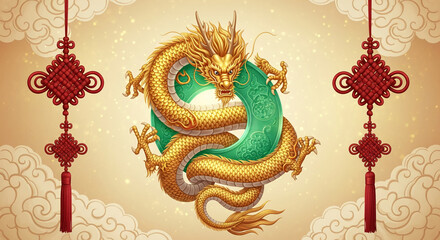 Obraz premium Golden dragon coils around a jade ring. Two red mystic knots with tassel hang. Symbolizes power, luck and fortune, often used in Chinese culture