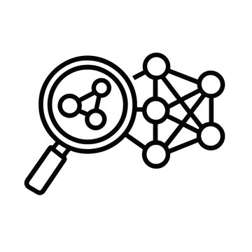 Thick-outline icon showing a magnifying glass analyzing a neural network, ideal for explainable AI concepts, ethical AI dashboards, transparency tools, and AI governance platforms.