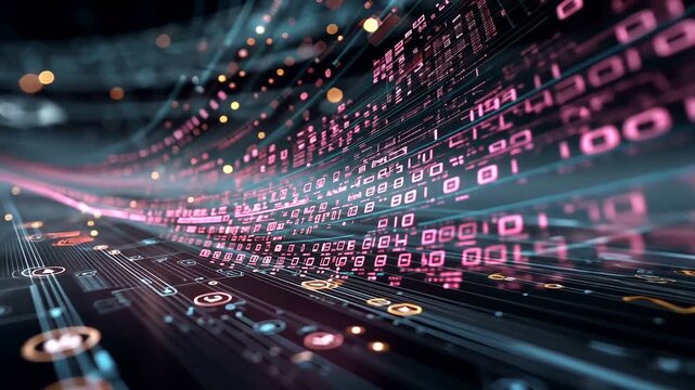 Abstract technology background with binary code and glowing light trails, creating a futuristic and dynamic visual effect.