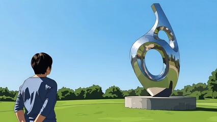 Modern Sculpture in a Sunny Park with a Child Admiring It.
