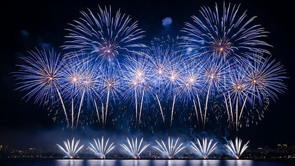 Dazzling night sky with blue fireworks