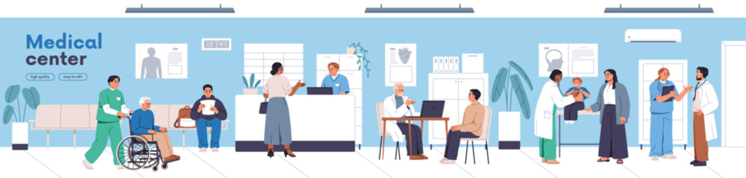 Clinic, medical center, horizontal banner. Hospital with patients waiting in hall, visiting doctor appointments, reception, health checkup, consultation and treatment. Flat vector illustration