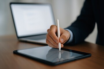 Professional using a stylus on a tablet while working on a project in a modern office setting. Concept of digital creativity, technology integration, and remote work.