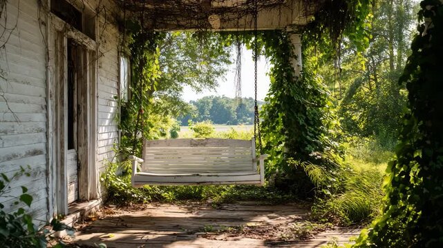4K Rustic white porch swing on overgrown veranda with lush green foliage and view of countryside video