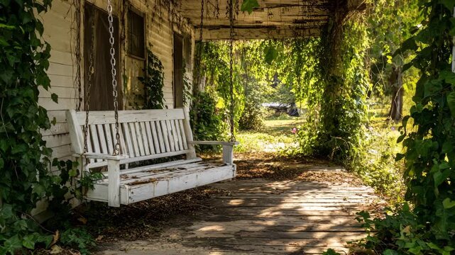 4K Weathered white porch swing hanging on rustic farmhouse veranda covered in lush green ivy on sunny day video