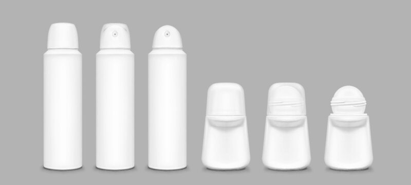 White deodorant mockup collection with roll on and spray bottle container in 3d cosmetic design. Blank hygiene product set with caps and open for personal care branding and antiperspirant packaging.