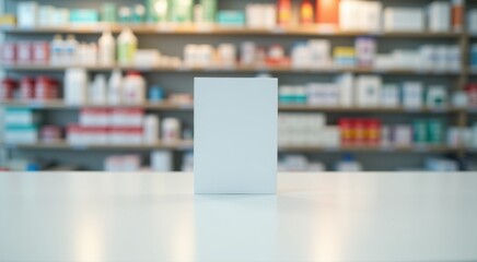 White card sitting on a table in a pharmacy copy space