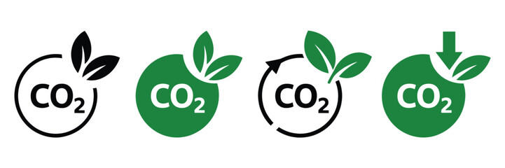 Embrace sustainability with CO2 reduction icons, featuring eco-friendly practices, green energy symbols, environmental responsibility graphics