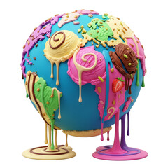globe with ice cream Colorful globe made of ice cream with pink, blue, green, and brown toppings and drips, sweet treat concept