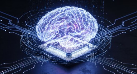 A glowing, futuristic brain with circuitry and a processor, set against a dark background.