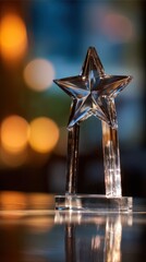 Fototapeta premium Elegant crystal star award trophy reflecting light on a polished surface with bokeh background