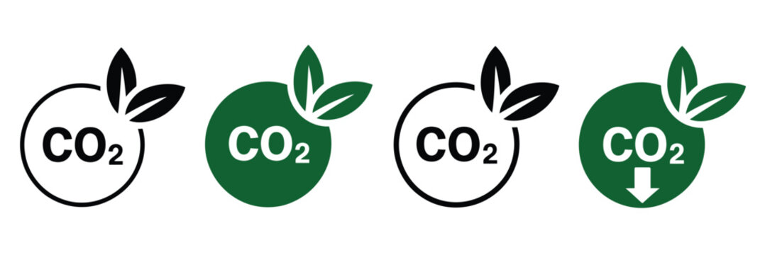 Embrace sustainability with CO2 reduction icons, featuring eco-friendly practices, green energy symbols, environmental responsibility graphics