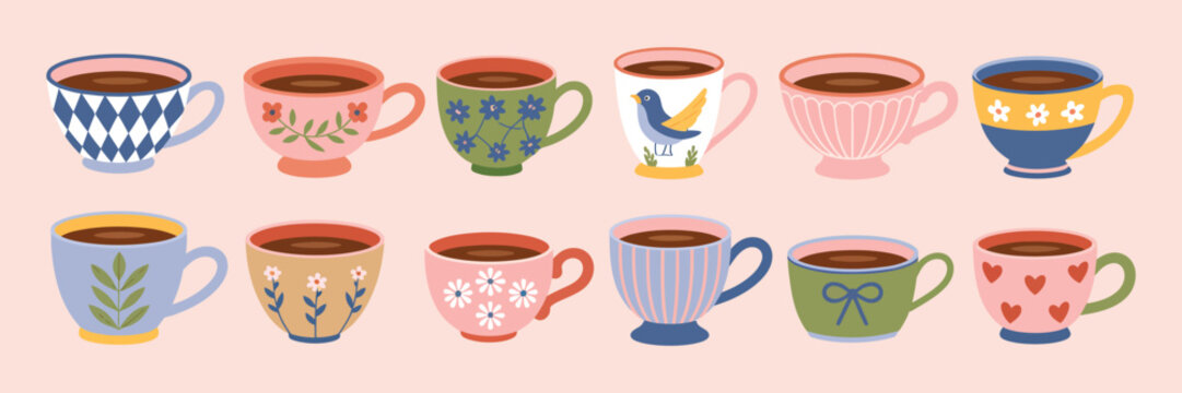 Tea cups collection in vintage style with retro mugs and ceramic teacups decorated in ornate patterns, ideal for cafe branding, kitchenware design, and morning beverage flat vector illustration.