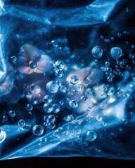 Abstract macro shot of tiny air bubbles trapped within a blue plastic film with blurred floral shapes behind