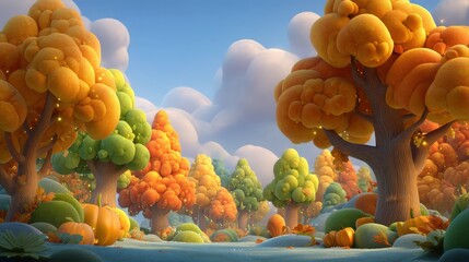 Whimsical cartoon forest scene with fluffy trees and pumpkins under a cloudy sky