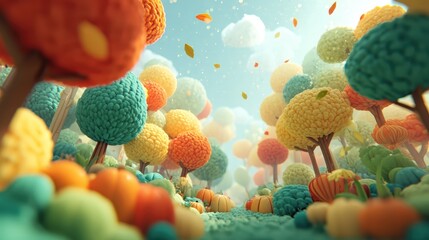 Whimsical autumn forest with colorful trees and pumpkins under a bright sky