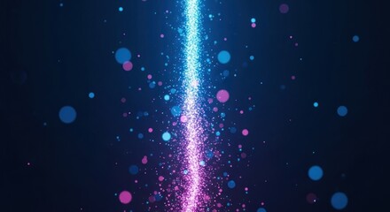 A vibrant, colorful, abstract light trail with blue and pink hues against a dark blue background.
