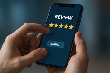 User submitting a five-star review on a smartphone application. Concept of feedback, customer satisfaction, and digital engagement in online services.