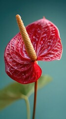 Vibrant red anthurium flower with a yellow spadix and water droplets against a teal background