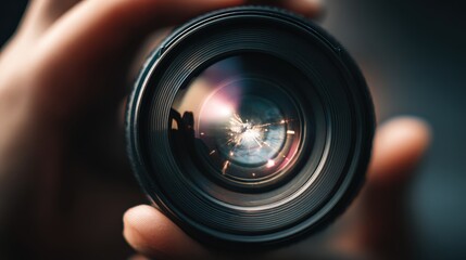 Close-up macro shot of a camera lens held by fingers, reflecting light and bokeh