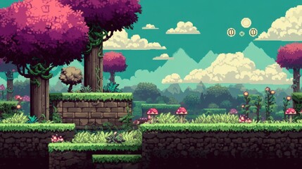 Enchanting pixel art landscape with vibrant trees, mushrooms, and floating coins