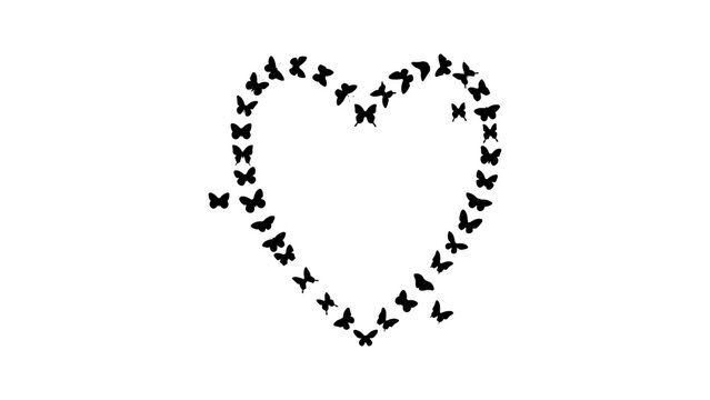 Delicate heart shape formed by a swarm of tiny black butterflies fluttering on a white background