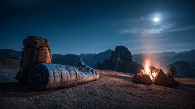 4K Backpacking gear with sleeping bag and campfire at night under the moon and stars in yosemite national park, half dome view video