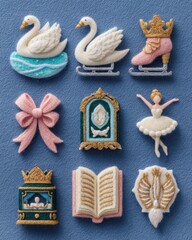 Felted ballet and swan motifs, including a ballerina, swans on ice, and a storybook