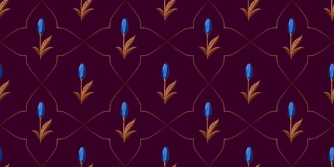Vector seamless floral pattern with stylized tulips and decorative geometric lines on a deep burgundy background. Suitable for fabric, wallpaper, packaging, stationery, and elegant surface design.