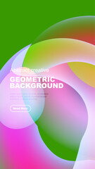 Fototapeta premium Vibrant abstract shapes overlap, creating colorful geometric background. Text present, button visible. Modern design elements dominate composition.