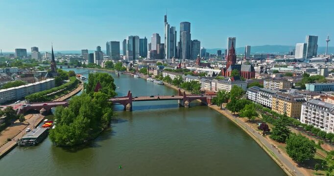 Aerial view of the skyline of Frankfurt, Germany, river Main and the financial skyscrapers 