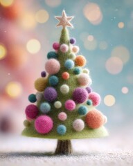 Whimsical felted Christmas tree with colorful pom-pom ornaments and a star topper