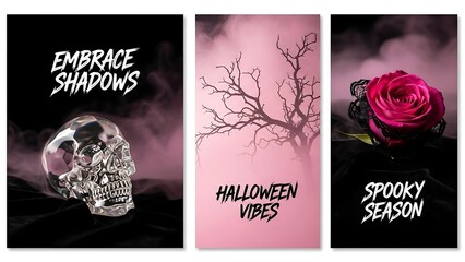 Halloween themed posters with skull and rose.