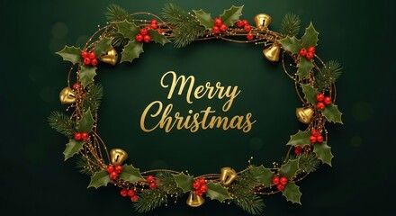 A festive Christmas wreath with holly, berries, and gold bells on a dark green background.