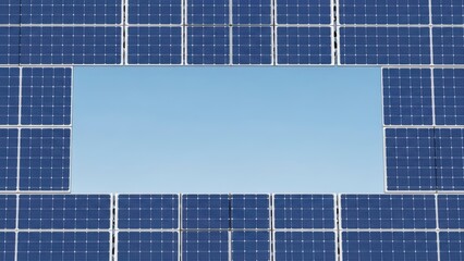 Close up of solar panels with a light blue rectangle in the middle.
