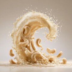 Creamy cashew milk splash with whole nuts frozen in motion