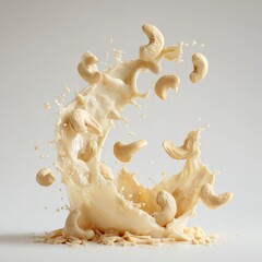 Cashew nuts splashing into creamy liquid, creating dynamic motion and splashes