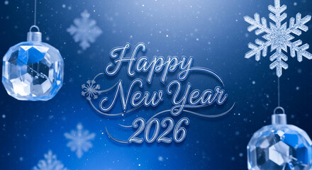 Blue background with snowflakes, ornament, and "Happy New Year 2026" text. Representative of celebration, winter holiday, new beginnings